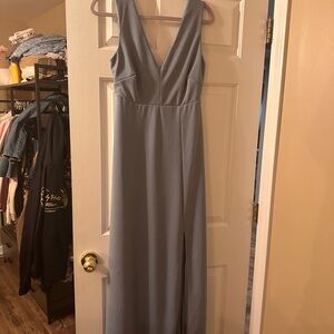 Birdy Grey Dusty Blue Ruched Gray Maxi Dress V-Neck Sleeveless